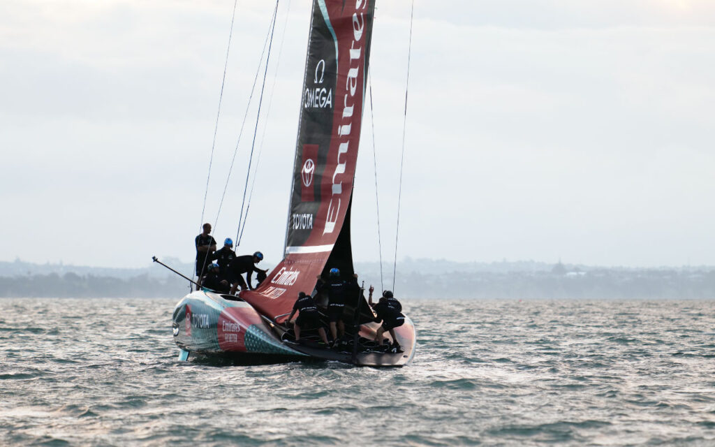 twin mainsail skins getting hoisted